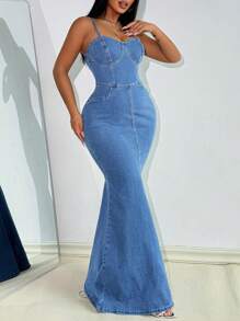 SHEIN Lady Women Denim Bodycon Spaghetti Strap Dress, Blue - Medium Wash - View 7
