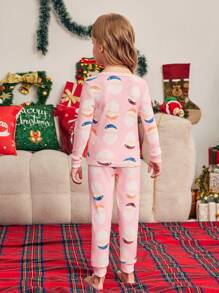 SHEIN Young Girl Santa Claus Element Fleece Pink Snug Fit Long Sleeve Top And Pants Home Pajama Set, For Christmas - Pink - View 2