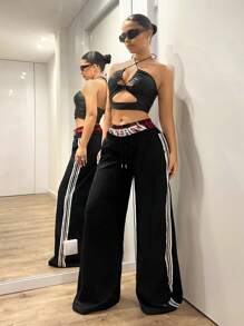 SHEIN ICON Quần ống rộng cạp thấp phong cách thể thao thường ngày Y2k dành cho nữ 2 trong 1 trang phục thu - màu đen - Xem 4