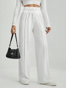 SHEIN Tall 净色抽绳腰部阔腿运动裤 - 白色 - 查看 4