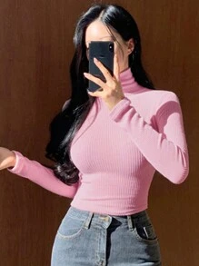 DAZY Women's Solid Color Turtleneck Long Sleeve Ribbed Slim Casual T-Shirt, Spring/Autumn,Fall Women Clothes - Pink - View 8