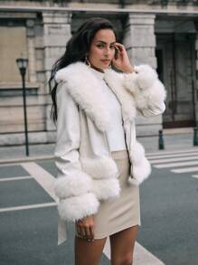 SHEIN x Carly Lawrence Anewsta Áo khoác lông cáo nữ thu/đông, dáng vừa vặn, đơn giản và thời trang cho trang phục dự tiệc ngày lễ - trắng - Xem 3