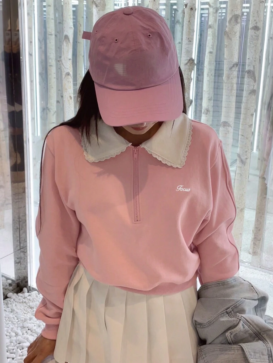 DAZY Women's Contrast Patchwork Half-Zip Relaxed Cropped Hoodie Sweatshirt - Pink - View 1