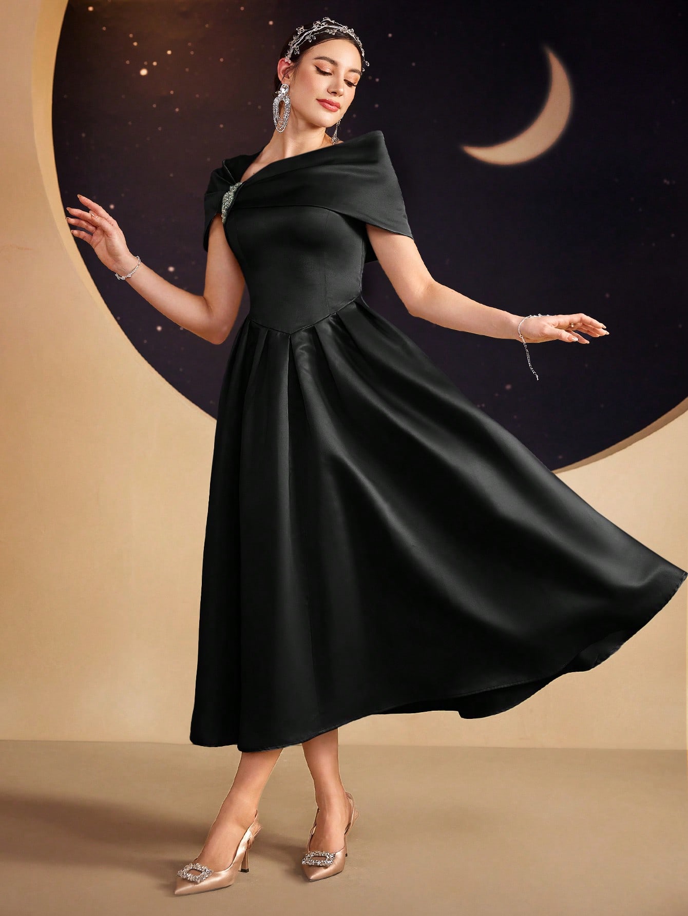 Modelyn فستان سهرة أنيق بطول كامل مع علامات الراين...