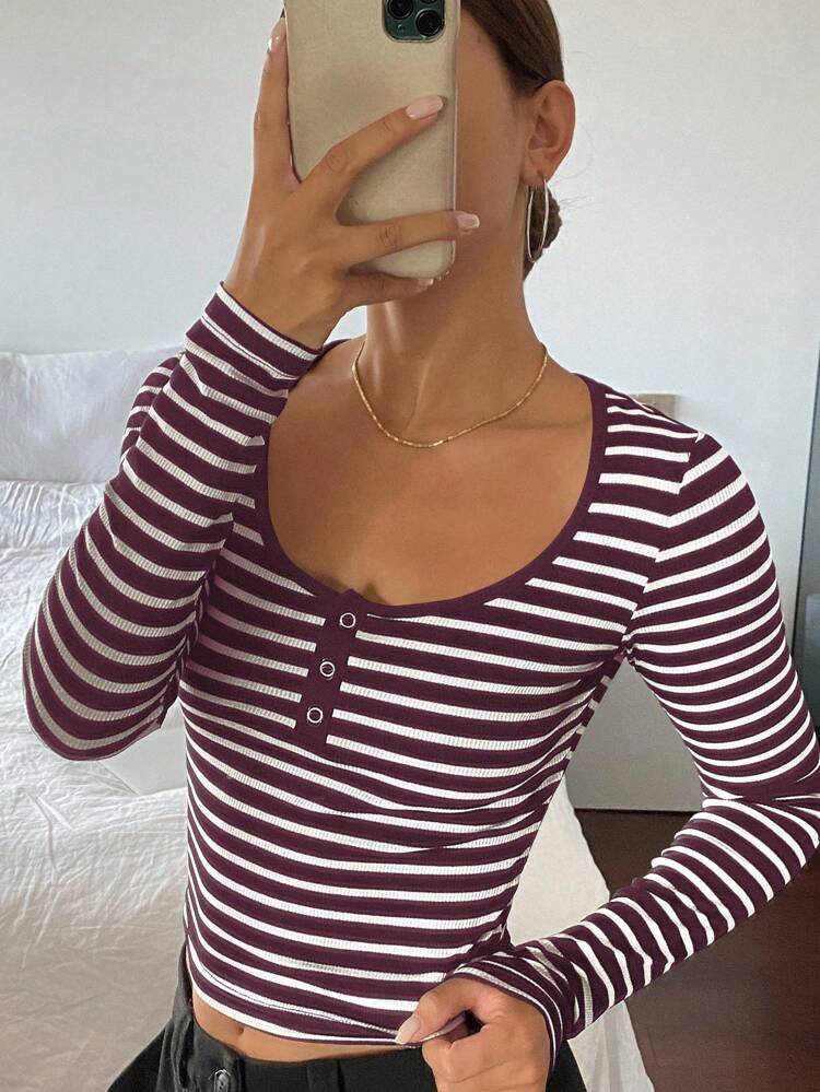 Black Striped Casual Round Neck T-Shirt For Women Long Sleeve Women Tops