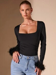 SHEIN BAE Women's Plain Square Neck Fuzzy Patchwork Long Sleeve Bodysuit - Black - View 3