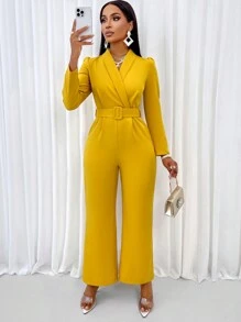 Zolique 纯色翻领斜口袋阔腿连体裤（带腰带） - 黃色 - 查看 3