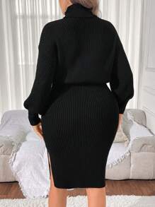 Calvaya Plus Size Women's Solid Color Dropped Shoulder Long Sleeve Fashionable Sexy High Neck Fitted Sweater Dress, Autumn/Winter