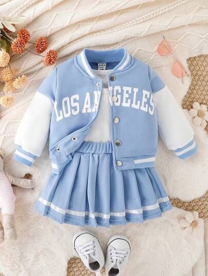 SHEIN 女婴字母印花长袖休闲棒球夹克和百褶裙套装，春秋