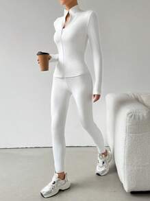 SHEIN EZwear Dames 2-delige effen kleur lange mouwen rits jas en legging casual set, lente herfst sportkleding
