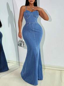 SHEIN Lady Women Denim Bodycon Spaghetti Strap Dress, Blue - Medium Wash - View 3