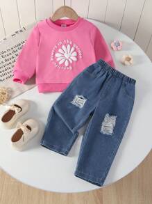 SHEIN 女宝宝休闲可爱秋冬印花牛仔裤套装