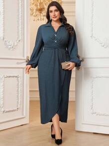 Modelyn Plus Size Casual Solid Color Lantern Sleeve Wrap Dress, Autumn - Blue - View 5