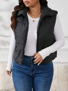 SHEIN Essnce Women's Plus Size Black Padded Coat With Lapel, For Winter Fall Autumn - Black - View 5