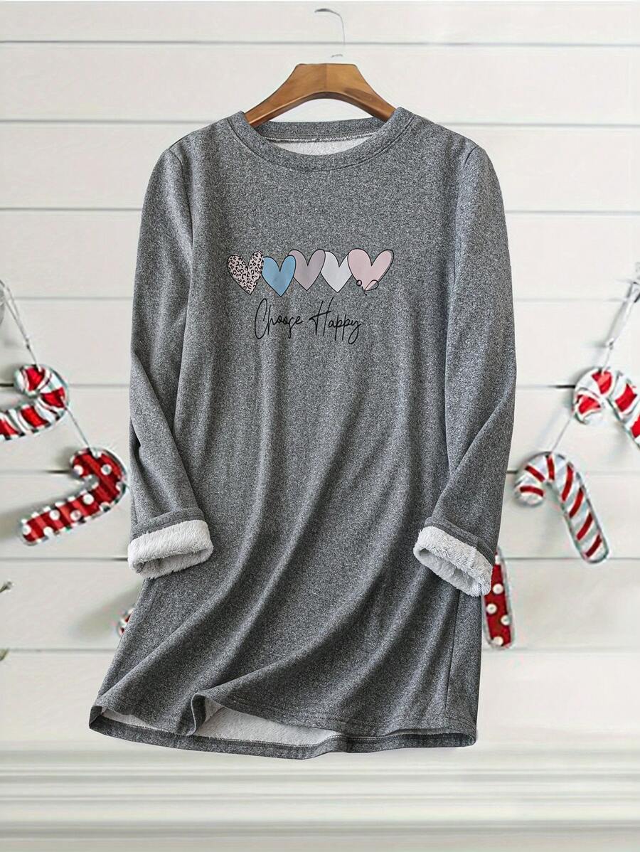 SHEIN LUNE 女士休闲圆领字母与心形印花保暖内衬运动衫，秋冬季 - 灰色 - 查看 1