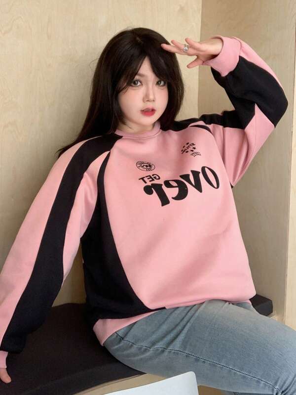 Dazy Plus Plus Size Contrast Color Blocking Letter Print Loose Fit Fleece Sweatshirt,Fall Clothes