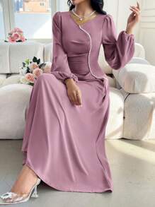 Modelyn 女士纯色仿珍珠装饰长袖褶皱阿拉伯朴素连衣裙长款晚礼服