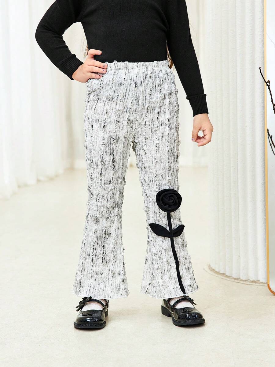 SHEIN 年轻女孩时尚经典休闲毛绒罗纹 3D 玫瑰点缀喇叭裤,舒适百搭,适合春、冬、秋季日常穿着、上学、居家 - 彩色 - 查看 1