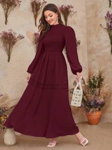 Modelyn Burgundy Red Women's Fall Round Neck Long Sleeve Solid Color Casual Elegant Autumn Dress