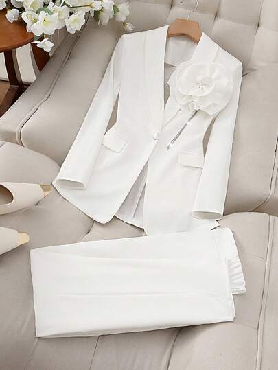 GlowEve 女士春秋纯色披肩领长袖花卉装饰西装外套和裤子休闲办公套装