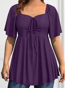 Rometta Plus Size Women's Solid Color Ruffle V-Neck Tie-Front Short Sleeve Casual T-Shirt - Purple - View 1