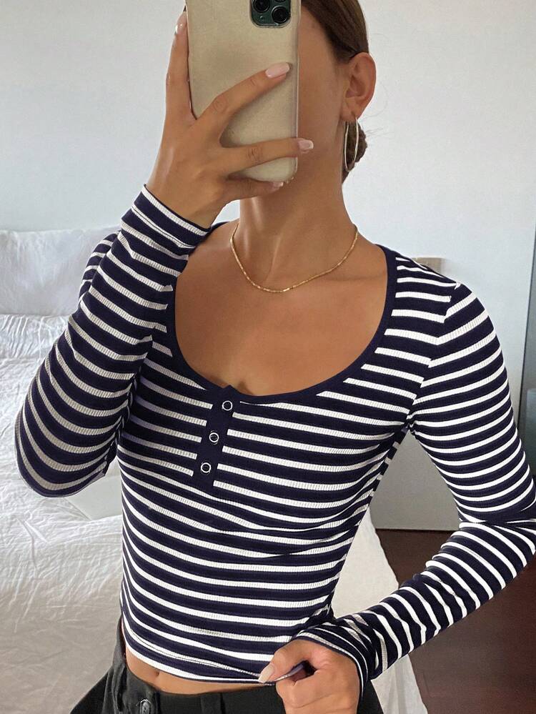 Black Striped Casual Crew Neck T-Shirt For Women Long Sleeve Women Tops