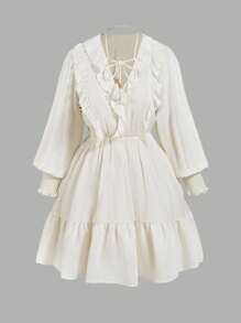 SHEIN MOD Vestido mini de manga larga con volantes en el bajo y manga farol de unicolor talla grande
