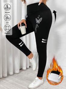 SHEIN LUNE Quần legging nỉ in hình bướm cỡ lớn, thích hợp mặc hàng ngày ở sân bay vào mùa thu, đồ thiết yếu cho kỳ nghỉ. - màu đen - Xem 2