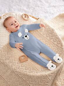 SHEIN 新生男婴可爱动物图案长袖连体衣 - 藍色 - 查看 5