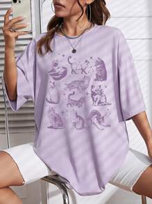 INAWLY 宽松猫咪印花 T 恤，复古猫咪图案 T 恤，舒适彩色 T 恤，送给猫咪爱好者的礼物图案 T 恤女式上衣 - 淡紫色 - 查看 4