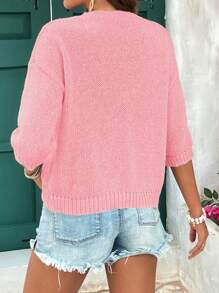 SHEIN LUNE 女士宽松休闲纯色圆领落肩衬衫，春秋季 - 粉色 - 查看 2