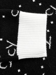 Boys' Simple Vintage-Style Contrast Trim Letter Pattern Cardigan Sweater,Black And White,Autumn,Casual,School,Back-To-School,Elegant Versatile Design - Black - View 6