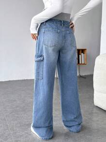 SHEIN 孕妇休闲宽松直筒工装牛仔裤 - 彩色 - 查看 2