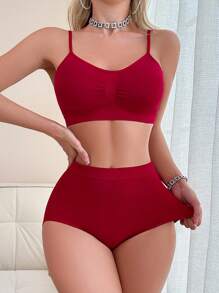 2pcs/Set Ladies Plain Color Ruched Casual Underwear Set - Burgundy - View 3