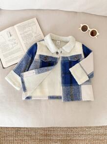 SHEIN Kurtka termiczna w kratę dla chłopców w stylu vintage, ciepła, swobodna, modna, zapinana na guziki, do zabawy w szkole, na zewnątrz i na śniegu