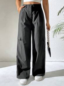 Chiquease Quần ống đứng túi hộp màu trơn đơn sắc thường ngày cho nữ - màu đen - Xem 5