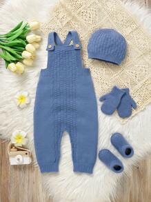 SHEIN 新生男婴纯色圆领长袖上衣和宽松系带纽扣简约毛衣连体衣 - 藍色 - 查看 4