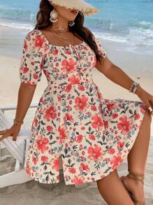 Breezaya Plus Size Front Tie Short Sleeve Floral Allover Print Casual Vacation Dress