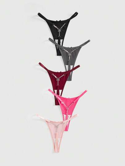 ROMWE J-Fashion Set de 5 piezas de tanga tipo G con cadena de mariposa de punto acanalado para mujer estilo gyaru