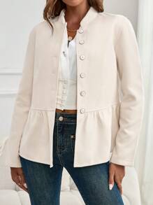 EMERY ROSE Women's Autumn And Winter Solid Color Long Sleeve Ruffled Hem Elegant Tweed Coat - Apricot - View 3