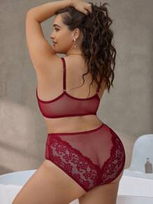 Plus Size Lingerie Set, Romantic & Simplistic Lace Patchwork Front Button, Comfortable Daily Wear - Burgundy - View 2