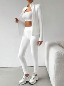 SHEIN EZwear Dames 2-delige effen kleur lange mouwen rits jas en legging casual set, lente herfst sportkleding