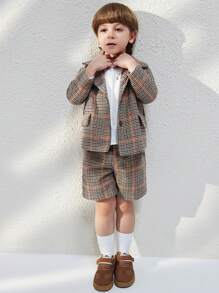 SHEIN Áo khoác dài tay dệt kẻ caro màu nâu thanh lịch cho bé trai tuổi teen, mùa thu đông - màu nâu - Xem 8