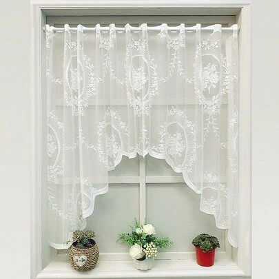 1 pieza Cortina corta semitransparente con patrón floral de encaje blanco, cenefa traslúcida de estilo americano para decoración de ventanas y puertas de sala de estar y dormitorio, decoración de otoño, decoración de otoño, decoración de habitación
