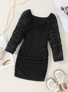 SHEIN 年轻女孩优雅褶饰波尔卡圆点紧身连衣裙，带泡泡袖，适合派对和正式场合，秋季 - 黑色 - 查看 3
