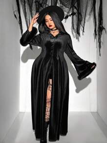 Flirla Plus Size Halloween Solid Color Fluffy Patchwork Flare Sleeve Hooded Maxi Cardigan, Autumn - Black - View 3