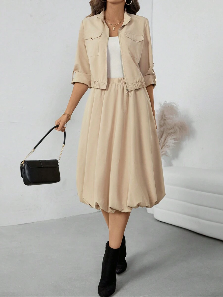 Chiquease 2 pièces: nouvelle veste de plein air pour femme avec manches bouffantes et ourlet utilitaire