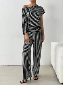 Chiquease 2 cái/bộ Quần sọc bất đối xứng và quần lưng cao co giãn có túi thẳng - Nhiều màu - Xem 6