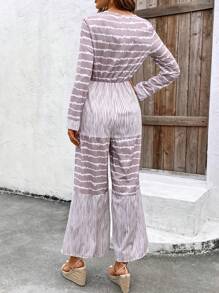 SHEIN LUNE Leisure Holiday Striped Patchwork Printed Round Neck Long Sleeve Jumpsuit Fall Cloth For Women - Multicolor - View 2