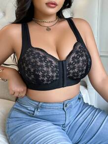 1pc Plus Size Front Button Closure Contrast Lace Wirefree Brassiere Lingerie - Black - View 5
